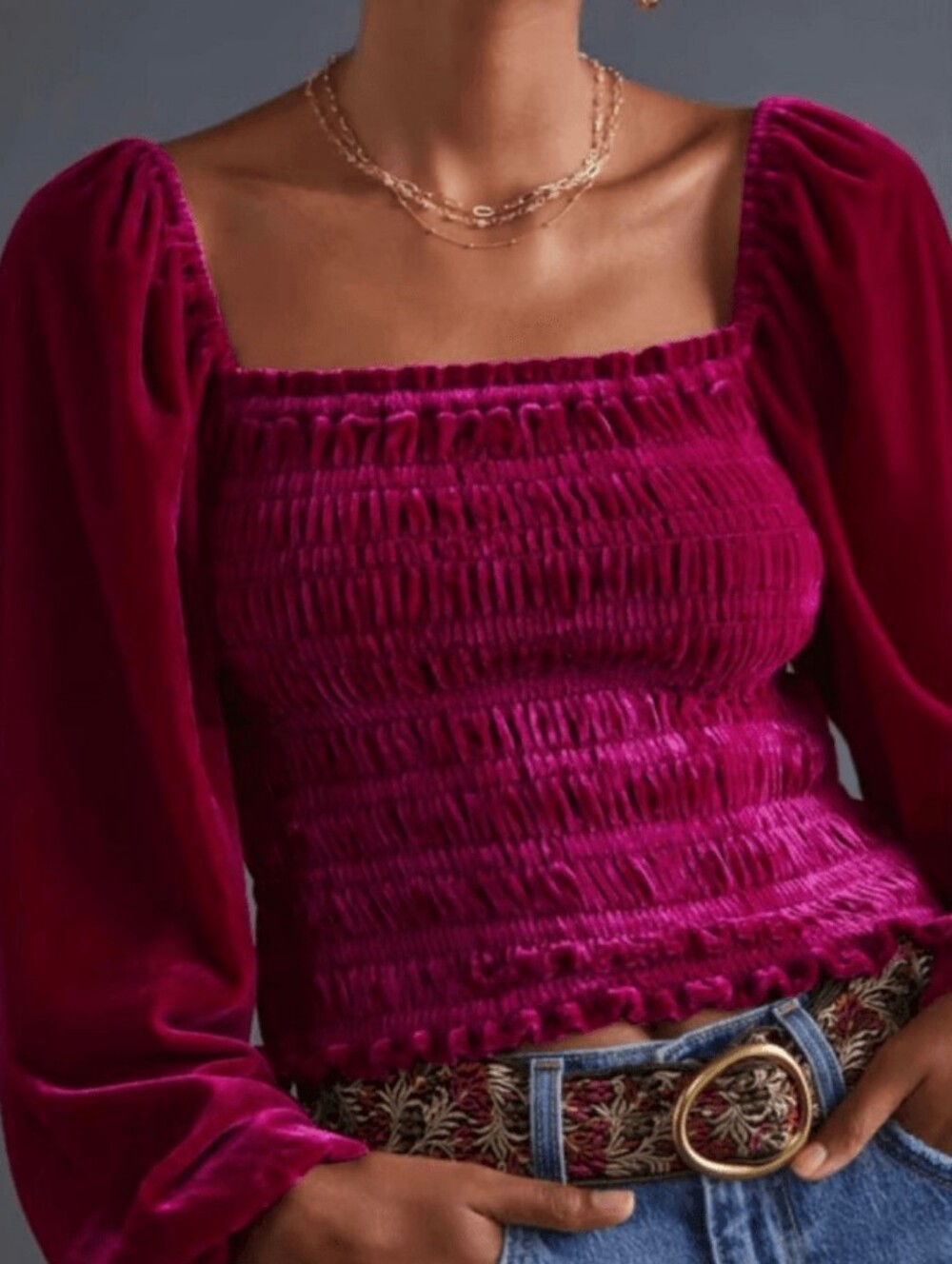 Anthropologie Velvet Smocked Square-Neck Top in Fuchsia Pink Size S